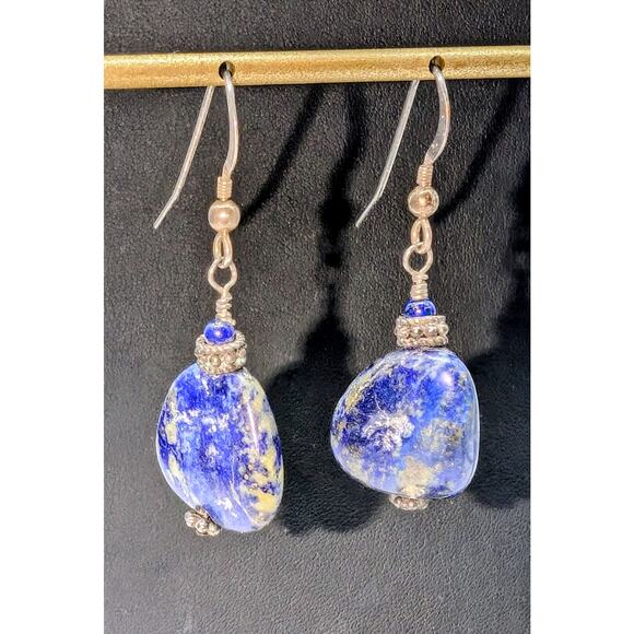Vintage Denim Lapis Lazuli Stone 925 Sterling Silver Dangle Earrings - Picture 5 of 5